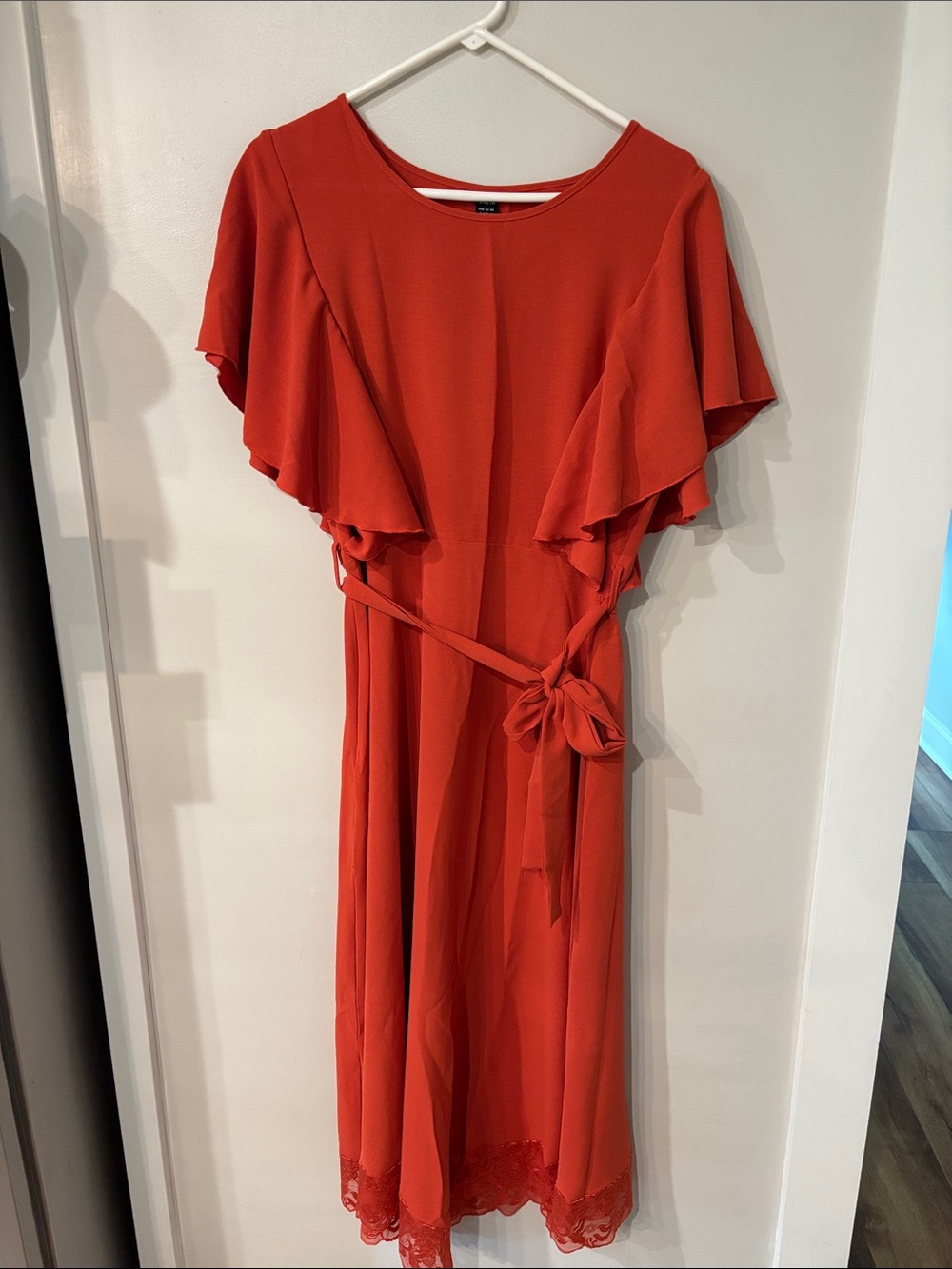 Flutter-Sleeve Midi Dress with Waist Tie